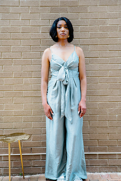 Sage Pinstripe Tie Jumpsuit