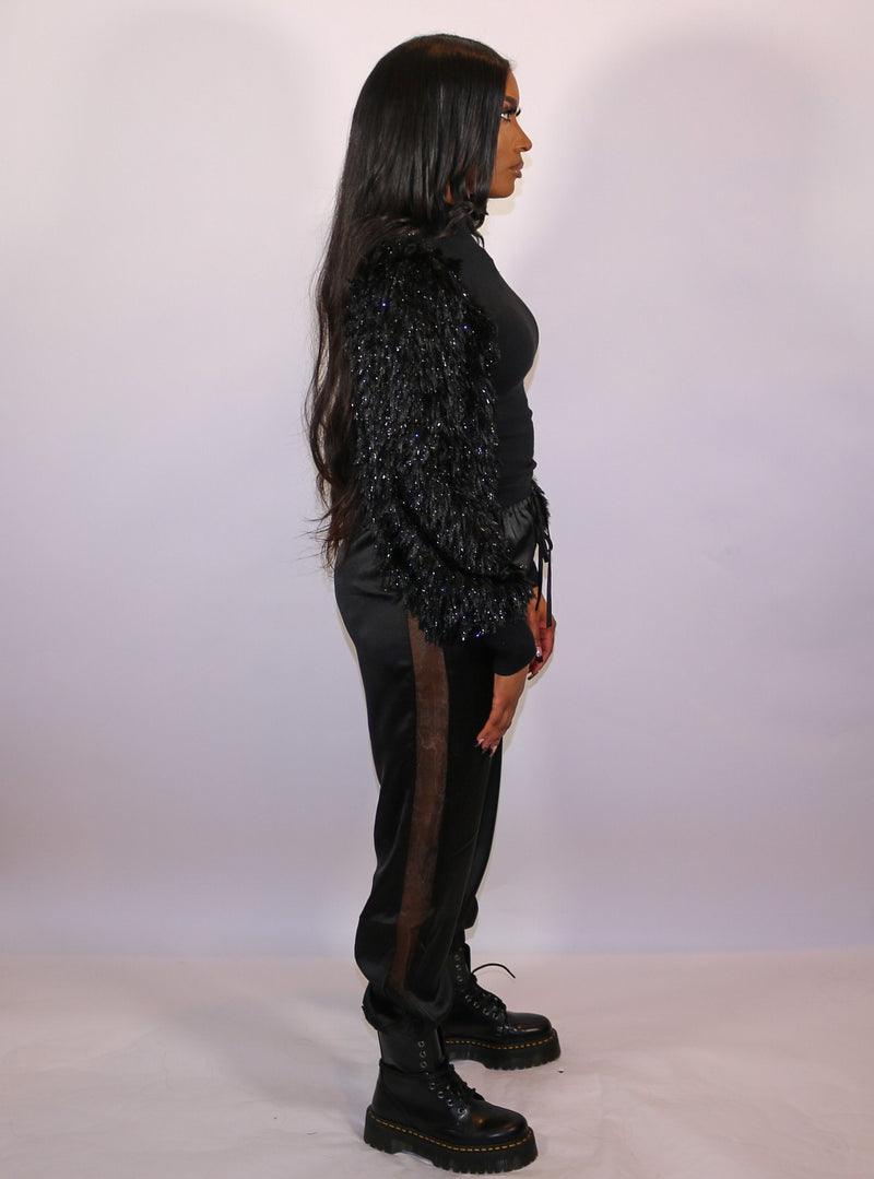 Shimmer Fringe Sleeve Turtleneck